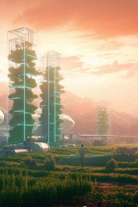 Futuristic Agriculture, Sci Fi Landscape, Environment Painting, Sci Fi City, Futuristic Aesthetic, Vertical Farming, Punk Aesthetic, Tech Art, Punk Art