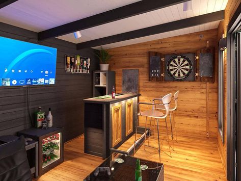 Man Shed Bar, Shed Bar Ideas, Garden Bar Shed, Garden Room Interiors, Home Bar Plans, Summer House Interiors, Cabin Bar, Pub Shed, Log Cabin Interior