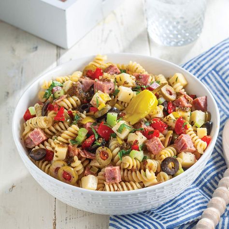 Muffuletta Pasta Salad Cajun Cookout, Creole Pasta, Cheese And Olives, Louisiana Kitchen, Pepperoncini Peppers, Louisiana Recipes, Creole Recipes, Easy Pasta Salad, Pasta Salads