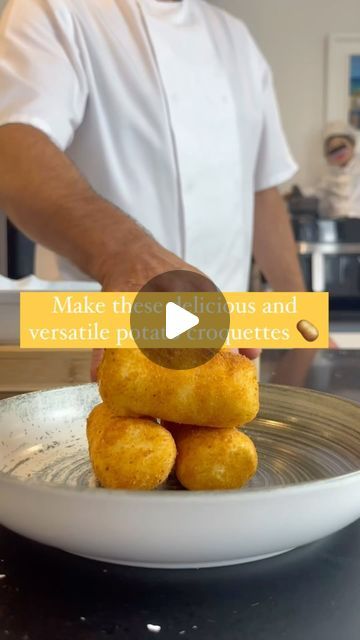 Stephane Sauthier - French Chef 🇫🇷 on Instagram: "Salut! Today I will be showing you how to make Pommes Croquettes! 🇫🇷🥔

Try my version of these tasty potato croquettes, great either served as a side with a meal or as a buffet dish with a dip of your choice.

Ingredients:-
Serves 2

Potatoes x 500g
Egg x 2
Breadcrumbs x 200g
Cornflour x 3 tablespoon
Nutmeg x a little grated
Milk x 100ml
Salt x a pinch

Put your potatoes (keep skin on!) in a pan of salted water and boil until soft.  Drain, and then once cooled enough to touch, peel the skin off the potatoes and mash them in a bowl.  Then add one egg, salt, a little grated nutmeg and 1 x tablespoon of the cornflour.  Mix well.  Once all mixed, flour your board/working surface with the remaining cornflour and form the potato mixture into Potato Croquettes, Croquettes, Bread Crumbs, Chef, Cooking Recipes