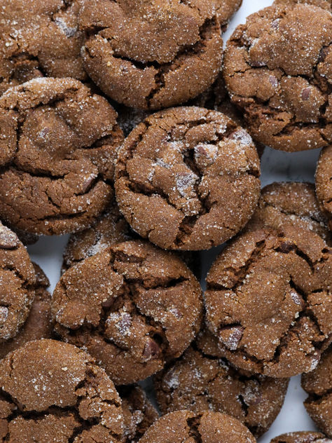 chocolate gingerbread cookies in a pile. Chewy Chocolate Gingerbread Cookies, 4h Cookies, Chocolate Gingerbread Cookies, Cookies With Chocolate Chips, Fall Eats, Chewy Gingerbread Cookies, Chocolate Gingerbread, Cookies With Chocolate, Christmas Simple