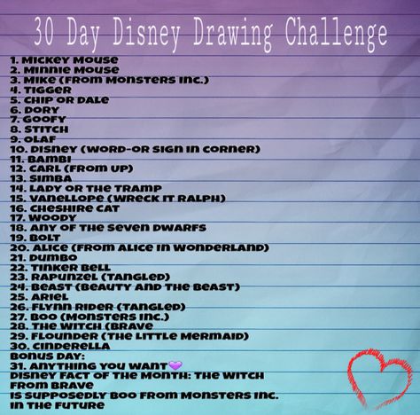 30 Day Disney Drawing Challenge Disney Drawing Challenge, Challenge 30 Day, Polaroid Art, Sketchbook Assignments, 30 Day Art Challenge, Disney Word, Disney Drawing, Disney Challenge, 30 Day Drawing Challenge