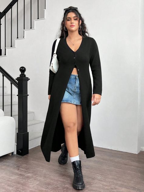 Black Casual Collar Long Sleeve Knitwear Plain  Embellished Slight Stretch  Women Plus Clothing Long Black Cardigan Outfit, Duster Cardigan Outfit, Black Cardigan Outfit, Black Duster, White Knit Cardigan, Long Black Cardigan, Outer Wear, Plus Size Cardigans, Cardigan Outfits