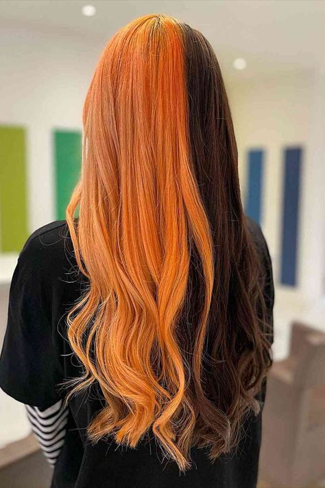 Halloween-Inspired Split Hair Dye Different Split Dyes, Halloween Inspired Hair Color, Long Split Dyed Hair, Split Dye Orange, Split Dye Ideas, Ginger Split Dye, Split Hair Dye Ideas, Halloween Hair Dye, Split Hair Dye