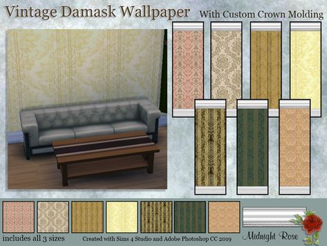 MidnightRose's Vintage Damask Wallpapers Sims 4 Wallpapers Cc, Sims 4 Walls, Sims 4 Cc Furniture Living Rooms, Cottage Wallpaper, French Apartment, Sims 4 Cc Furniture, Damask Wallpaper, Vintage Kids, English Cottage