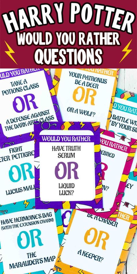 50 fun Harry Potter would you rather questions for a little magical fun for kids and adults! Harry Potter Soundtrack, Harry Potter Sleepover, Harry Potter Prequel, Harry Potter Activities, Harry Potter Day, Harry Potter Theme Birthday, Harry Potter School, Would You Rather Game, Dolores Umbridge