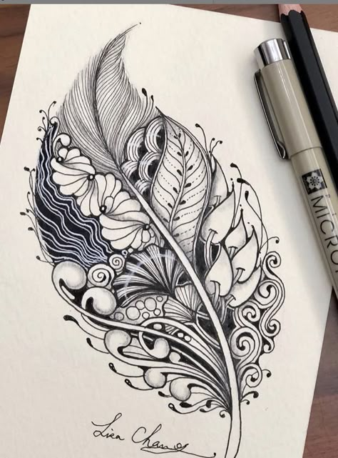 Feather Zentangle, الفن الرقمي, Zentangle Artwork, Zentangle Ideas, Zen Tangles, Pen Art Drawings, Zen Doodle Art, Tangle Art, Zen Tangle