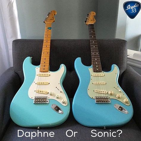 Like both colors, but the daphne blue strat has a maple board. Blue Stratocaster, Guitar Gadgets, Sick Guitars, Fender Guitars Stratocaster, Guitar Cord, Sonic Blue, Fender Electric Guitar, Stratocaster Guitar, Telecaster Guitar