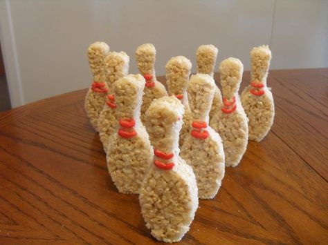 Rice Crispy Treat Bowling Pins Bowling Party Desserts, Kids Bowling Party, Bowling Party Favors, Rice Crispy Treat, Themed Snacks, Kids Bowling, Laser Tag Party, Bowling Birthday Party, Bowling Birthday