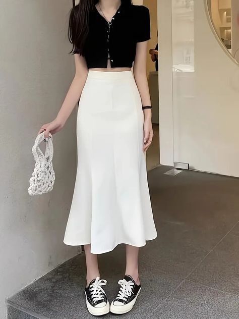 Solid High Waist Bodycon Skirt Elegant Mermaid Hem Midi - Temu Trumpet Skirt Pattern, Trumpet Skirt Outfit, Flare Skirt Pattern, Flare Skirt Outfit, Womens Skirt Pattern, Flared Skirt Pattern, Hem Skirt Outfit, Pattern Midi Skirt, Skirt Outfit Casual