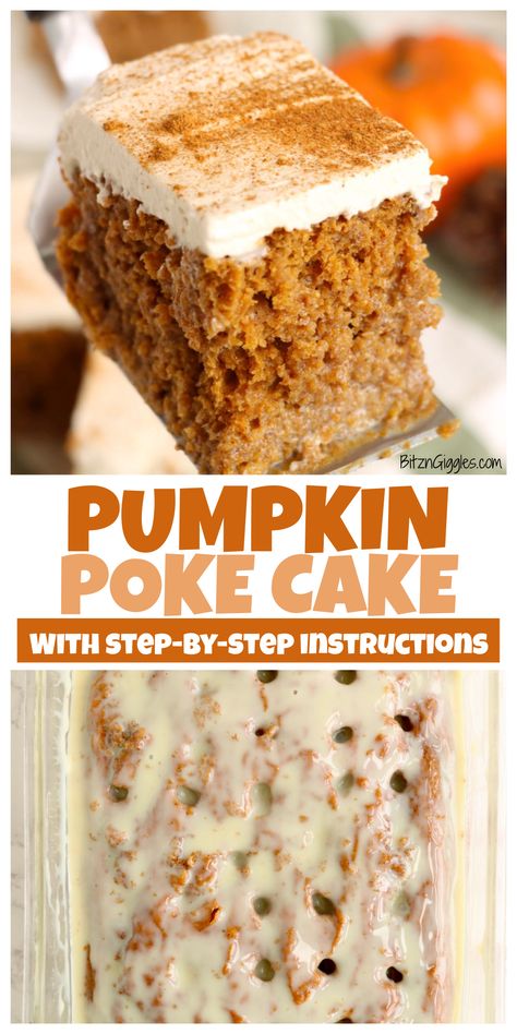 The air is getting colder, and that can only mean one thing! Pumpkin season is in full swing! This easy Pumpkin Poke Cake recipe is loaded with delicious pumpkin flavor, which means it’s basically Fall in a cake! Pumpkin Poke Cake Recipe, Pumpkin Poke Cake, Spice Cake Mix And Pumpkin, Brown Sugar Frosting, Poke Cake Recipe, Frozen Pumpkin, Sugar Frosting, Pumpkin Spice Cake, Poke Cake Recipes