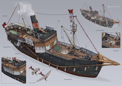 Dieselpunk Ship, Fantasy Boat, Steampunk Ship, Feng Zhu Design, Feng Zhu, Steampunk Vehicle, Steampunk Airship, Set Dressing, Rpg Map