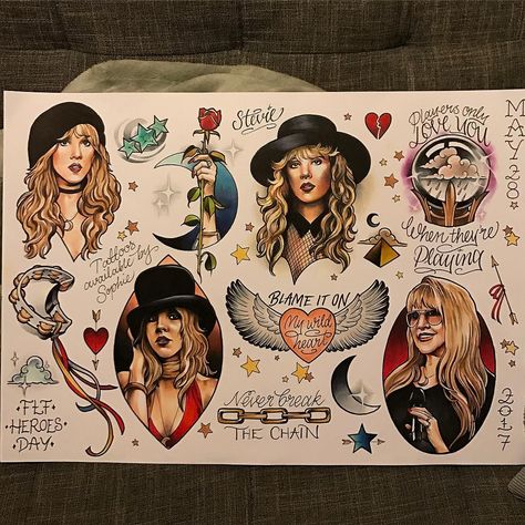 55 Likes, 2 Comments - sophie lewis mcgregor 🍃 (@sophielewistattoos) on Instagram: “My Stevie sheet all finished for the @flttattoostudio flash Day this Sunday!!! ❤️🎤🔮⭐️🌙 I will be…” Stevie Nicks Tattoo, Fleetwood Mac Tattoo, Mac Tattoo, Stevie Nicks Fleetwood Mac, Sleeves Ideas, Music Tattoos, Fleetwood Mac, Stevie Nicks, Skin Art