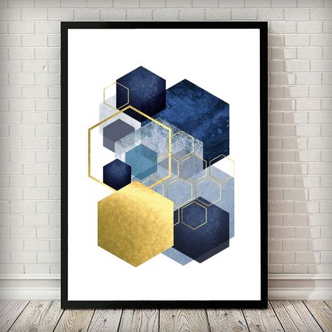 East Urban Home 'Geometric Hexagon Navy Gold Grey Abstract' Framed Graphic Art Print & Reviews | Wayfair.co.uk Lounge Artwork, Dark Lounge, Navy Bedroom, Inspiration Collage, Grey Abstract Art, Fireplace Art, Gold Living Room, Blue Wall Decor, Chimney Breast