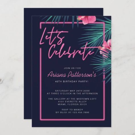 Neon Wedding Invitations, Neon Wedding Theme, Tropical Birthday Invitations, Wedding Theme Design, Retro Wedding Invitations, Neon Birthday, Tropical Baby Shower, Tropical Birthday, 40th Birthday Invitations