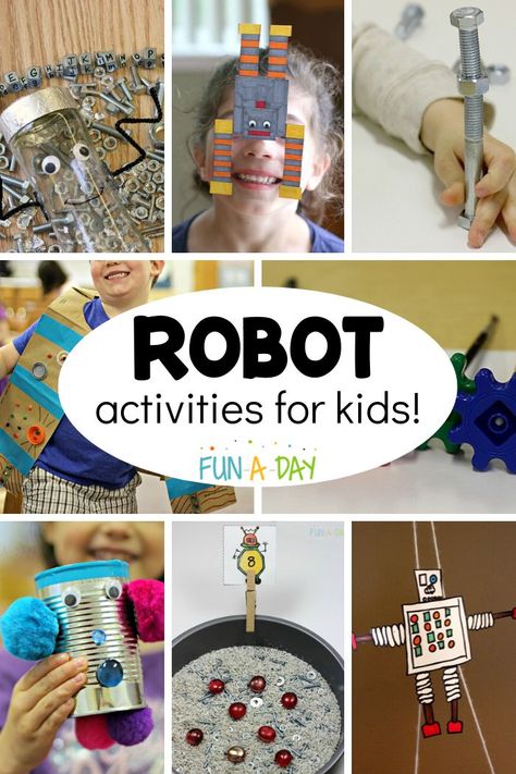 Super fun robot activities to try with the kids today. They’re great for a preschool robot theme, summer camp, or just because! Robot Sensory Activities, Robot Week Preschool, Robotics For Preschoolers, Preschool Robotics Activities, Preschool Inventions Theme, Gears Preschool Activities, Preschool Inventors Activities, Invention Theme Preschool, Robot Kindergarten Activities