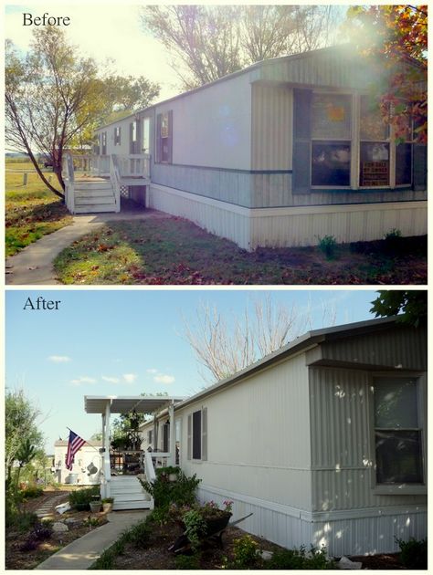 My Heart's Song: Mobile Home Exterior - Before/After paint-Valspar Satin Ext. Asiago-house,Oatlands Subtle Taupe Trim, Smoked Oyster shutters Mobile Home Before And After, Single Wide Remodel Before And After, Mobile Home Redo, Single Wide Remodel, Heart Mobile, Mobile Home Repair, Home Remodel Before And After, Mobile Home Exteriors, Home Remodels