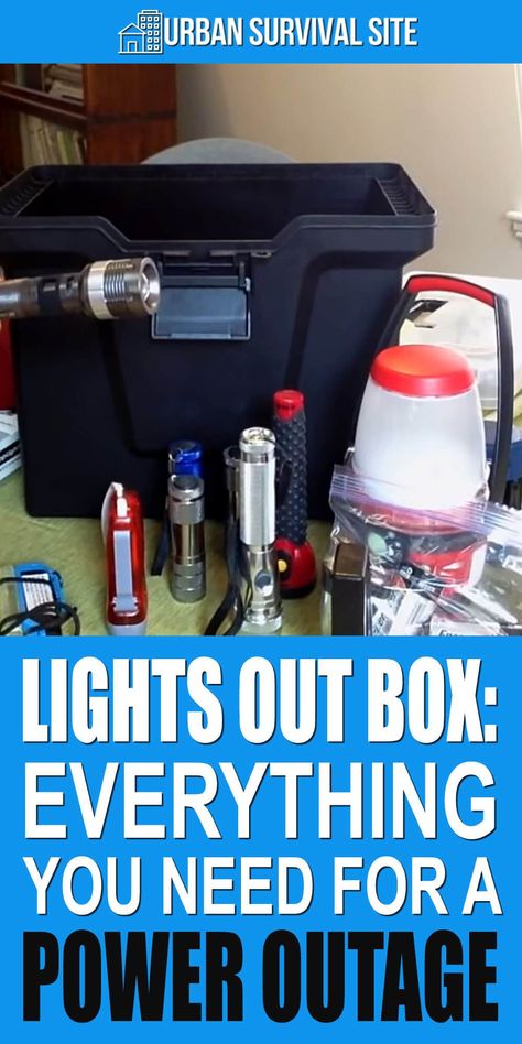 The box includes things like flashlights, batteries, a lantern, an emergency radio, a lighter, playing cards, etc. You can customize it as much as you want. #urbansurvivalsite #poweroutage #survival #lightsoutbox #survivalgear Survival Infographics, Prepper List, Homestead 101, Power Outage Preparedness, Power Outage Kit, Survival Prepping Diy, Box Lights, Prepper Gear, Shtf Preparedness