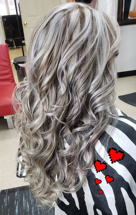 Silver Grey Highlights On Blonde Hair, Lived In Silver Blonde, Priscilla Block Hair, Grey Highlights In Brown Hair, Smokey Ash Blonde, Silver Blonde Hair, Silver Hair Color, Brown Hair With Blonde Highlights, Blending Gray Hair