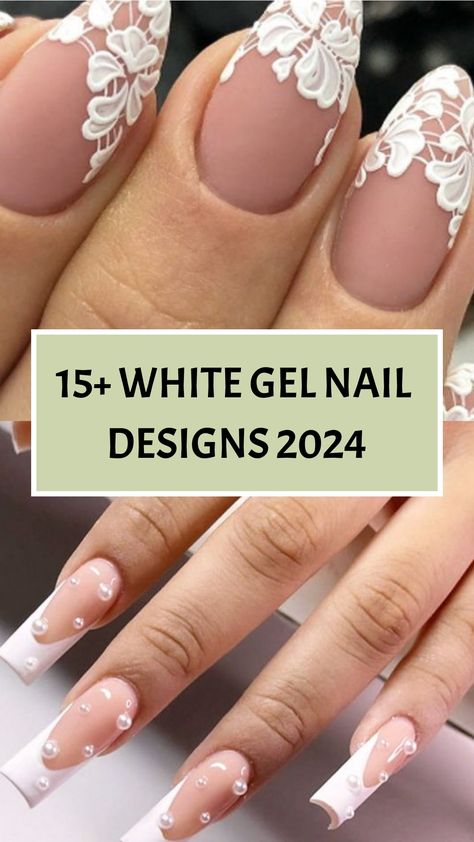 15+ White Gel Nail Designs 2024 White Flower Wedding Nails, Unique White Nail Designs, Lace Bridal Nails, Bridal Nails Floral, Wedding Nails Floral, White Gel Nail Designs, Floral Wedding Nails, Oct Nails, White Floral Nails