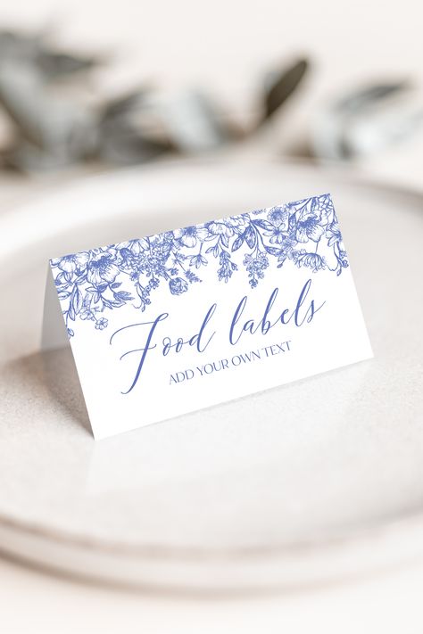 Blue Floral Food Labels, Blue Vintage Floral Food Tent Cards, Victorian Blue Folded Food Cards Food Tags Blue Floral Buffet Card Template B3 Food Tags For Buffet, Blue Bridal Shower Themes, Placemat Ideas, Floral Food, Food Label Template, Wedding Buffet Food, Buffet Cards, Romantic Bridal Shower, Drinks Sign