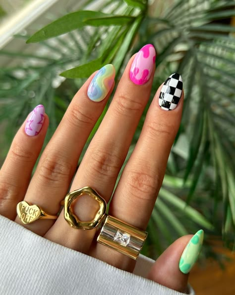 A bright and funky summer mix n match 🤪🌈💞🏁✨ • ‘f off’ ring from @westwoodandhyde • middle ring from @suryachamak - code NAILOLOGIST20 for 20% off • index ring from @luvaj #nails #nailinspo #nailart #naildesign #summernails #mixandmatch #mixnmatch #funnails Mismatched Nail Art, Mix And Match Nails, Mismatched Nails, Mix Match Nails, Match Nails, Index Ring, Ice Cream Nails, Preppy Nails, Nailinspo Nailart