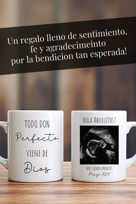 Announce Your Blessing in Style with Our Spanish Pregnancy Announcement Baby Reveal Mug Set! Make the moment memorable with our "Anuncio de Embarazo" mug, blending the joy of impending parenthood with Christian faith. This thoughtful set includes custom ultrasound photos, creating a heartfelt surprise for Abuelos. Cherish the love with this special Christian Pregnancy Announcement Grandparents Gift. Cute Pregnancy Announcement For Parents In Spanish, Christian Pregnancy Announcement, Spanish Pregnancy Announcement, Pregnancy Announcement Grandparents, Baby Announcement To Husband, Grandparent Pregnancy Announcement, Cute Pregnancy Announcement, Photo Mug, Baby Shower Favor