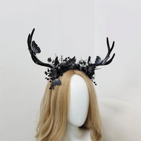 Fairy Crown, Black Antlers Headband Tiaras, Hair Accessories, Elven Headpiece, Woodland Fairy Diadem, Flower Crown With Butterfly - Etsy Crown With Horns, Elven Headpiece, Fairy Flower Crown, Black Antlers, Antler Crown, Fairy Headband, Antlers Headband, Deer Antlers Headband, Halloween Crown