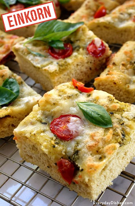 Einkorn caprese focaccia recipe Einkorn Focaccia Recipe, Einkorn Focaccia, Ancient Grains Recipes, Einkorn Bread, Einkorn Recipes, Einkorn Flour, Focaccia Bread Recipe, Egg Casserole Recipes, Focaccia Recipe