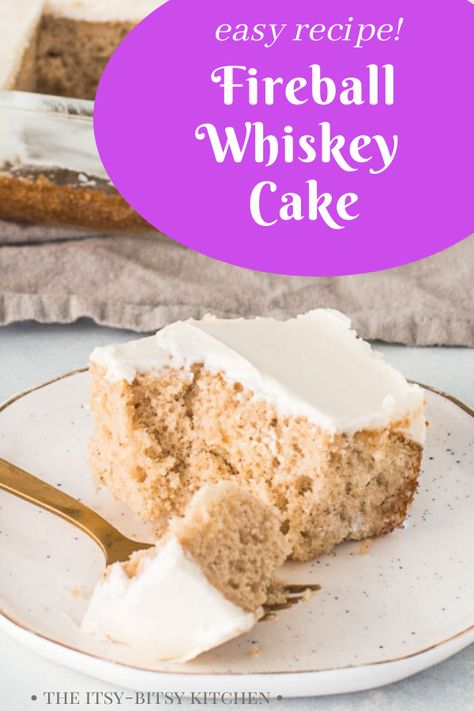 Fireball whiskey cake is really easy to make and it’s such a crowd pleasing dessert. Full of cinnamon and spiked with cinnamon whiskey, it’s a fun and boozy cake for any occasion! It's perfect for football season, basketball season, or any time of year! And everyone who tries it asks for the recipe! And the cream cheese frosting spiked with Fireball takes it totally over the top. Boozy Cakes, Fireball Cheesecake Recipe, Fireball Poke Cake Recipe, Fireball Cake Recipe, Fireball Whiskey Cheesecake Shots, Fireball Whiskey Recipes Desserts, Homemade Fireball Whiskey Recipes, Easy Cinnamon Cookies, Whiskey Desserts