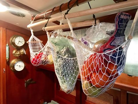 Boat Storage Ideas Space Saving, Macrame Food Storage Diy, Boat Hammock, Sailboat Hammock, Boat Organization Ideas, Boating Storage Containers, Boat Storage Ideas, Sailboat Living Hacks, Living On A Sailboat