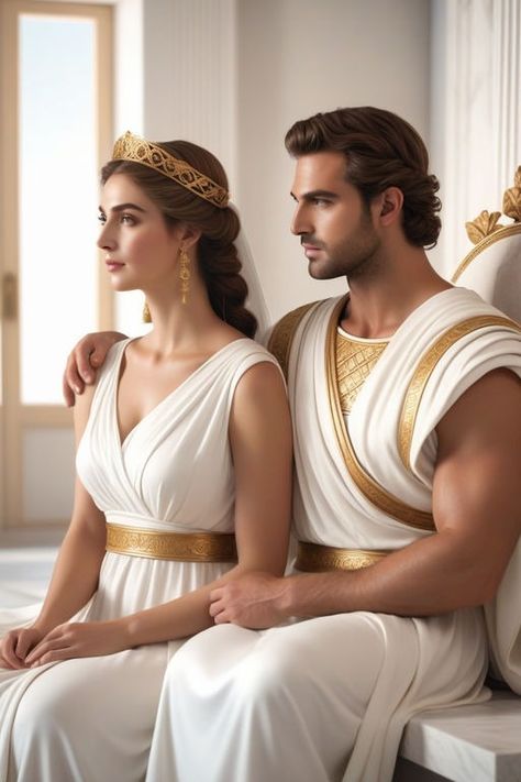 Playground Ancient Greek Outfits Men, Greek Mythology Couples Costumes, Male God Outfit, Greek God Men, Ancient Greek Clothing Men, Aphrodite Fashion, Ancient Greece Clothing, Greece Costume, Ancient Roman Clothing