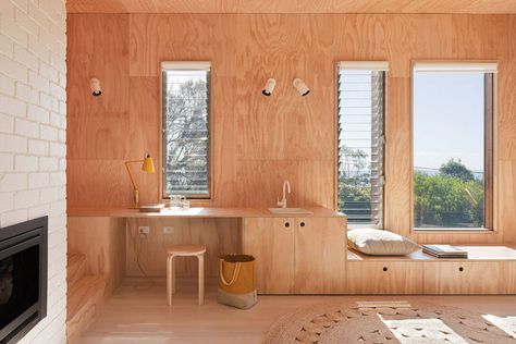 Plywood Never Looked So Good: 27 Stunning Plywood Interiors Alternatives To Drywall, Clare Cousins, Plywood Interior, Plywood Walls, Modern Beach House, 아파트 인테리어, Beach House Design, Plywood Furniture, Boat Plans