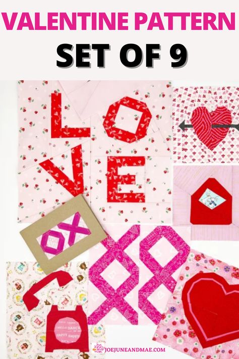 This is a complete Valentine's pattern. If you're looking for a Valentine quilt block pattern, you should grab this set of 9 quilt block patterns here. Arts And Crafts Decor, Quilt Pattern Easy, Valentine Diy, Foundation Paper Piecing Patterns, Scrappy Quilt Patterns, Valentines Patterns, Pattern Quilt, Baby Quilt Patterns, Beginner Quilt Patterns