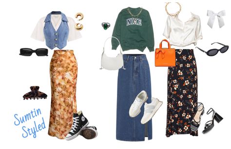 90s Maxi Skirt Outfits outfit ideas | fall 2000's style baddies, with 90s inspo. Floral & denim! 90s Maxi Skirt, Outfit Ideas For College, Urban Outfitters Sunglasses, Cropped Button Up Shirt, Outfit Ideas Fall, Tie Dye Maxi Skirt, Boho Goth, Skirt Outfits Fall, Maxi Skirt Outfits