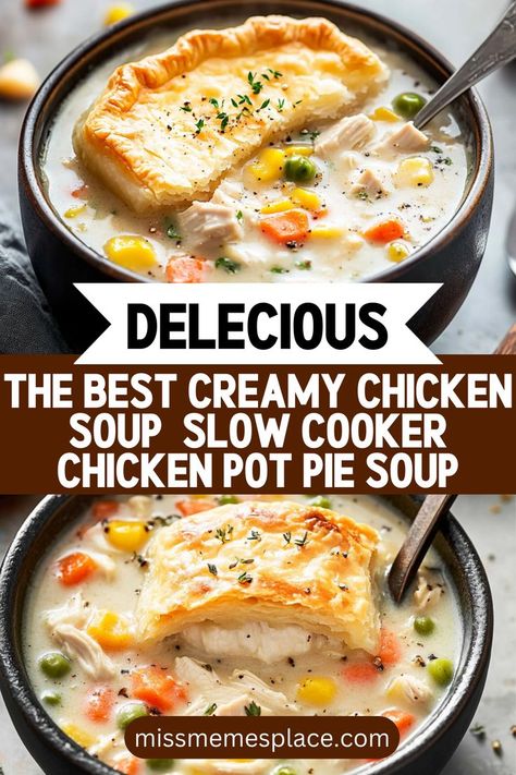 If you're searching for The Best Creamy Chicken Soup, look no further than this Slow Cooker Chicken Pot Pie Soup! This recipe brings together all the familiar flavors of chicken pot pie and presents them in a delightful soup form. Each spoonful is filled with tender chicken, colorful veggies, and a velvety creaminess that is both comforting and nourishing. Perfect for family dinners or meal prep, this dish is sure to satisfy your cravings for comfort food. Creamy Crockpot Chicken Pot Pie, Creamy Slow Cooker Soup, Slow Cooker Pot Pie Soup, Chicken And Rice Soup Recipes Homemade, Crockpot Creamy Chicken Recipes, Crockpot Recipes Soup Easy, Slow Cooker Chicken Pot Pie Soup, Crockpot Soup Ideas, Creamy Chicken Soup Crockpot