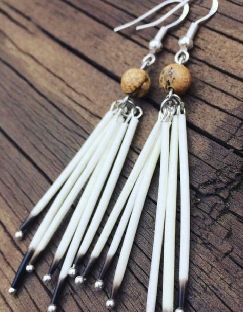 Natural Jasper beaded to North American porcupine quills. Extremely lightweight and totally original! Porcupine Quill Jewelry, Porcupine Quill Earrings, Quill Earrings, Bullet Earrings, Quilling Work, Porcupine Quills, Native American Earrings, Sarasota Fl, Indian Earrings