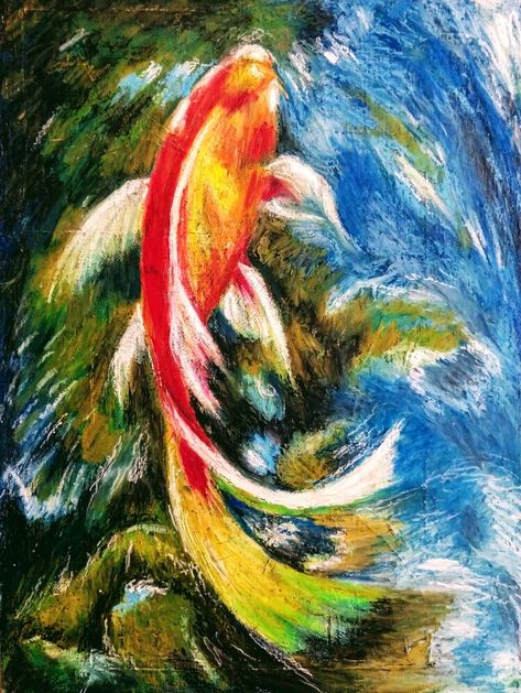 Koi - oil patel on canvas board 12x16.  Pulled resin on canvas.  2019 October Resin On Canvas, Canvas Board, Koi, Pastel, Canvas, Art, Tela