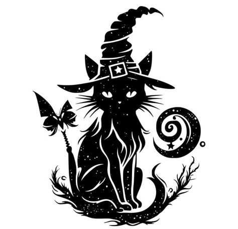 Black Cat Tattoos, Witch Tattoo, Muster Tattoos, Arte Punk, Witch Svg, Cricut Halloween, Halloween Silhouettes, Image Svg, Witch Cat