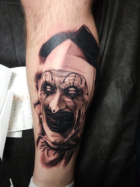 The Terrifier Tattoo, Devils Rejects Tattoo, Terrifier Tattoo Design, Captain Spaulding Tattoo, Art The Clown Tattoo, Realistic Horror Tattoo, Terrifier Tattoo, Horror Film Tattoo Sleeve, Scary Clown Tattoo Design