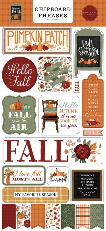 Welcome Fall 6x13 Chipboard Phrases - Carta Bella | Michaels® Fall Labels, Fall Scrapbook Layouts, Fall Words, Vacation Scrapbook, Fall Scrapbook, Fall Apples, Welcome Fall, Top Crafts, Apple Picking