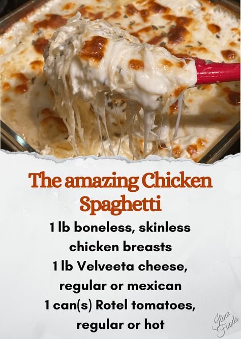 Easy Chicken Spaghetti, Chicken Spaghetti Casserole, Spaghetti Ingredients, Boiled Chicken Breast, Chicken Spaghetti Recipes, Amazing Chicken, Rotel Tomatoes, Boiled Chicken, Velveeta Cheese