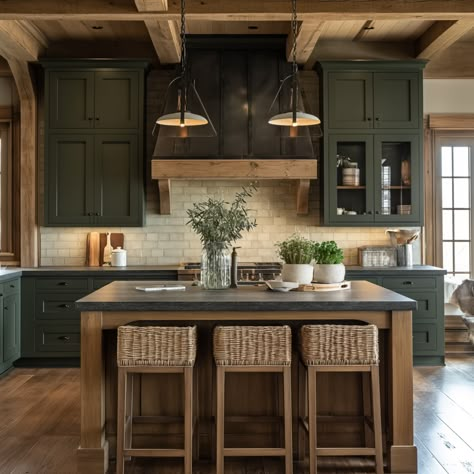 35 Stunning Green Kitchen Design Ideas to Inspire You Green White And Oak Kitchen, Modern Rustic Green Kitchen, Green Cabinets With Wood Island, Dark Kitchen Granite Countertops, Kitchen Green Cabinets White Countertops, Brown And Green Kitchen Ideas, Walnut Cabinets Green Backsplash, Green Kitchen Wood Island, Green And Light Wood Kitchen