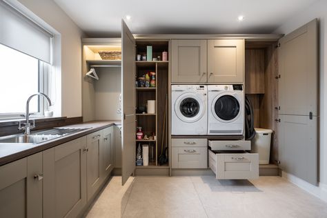 Utility - Storage solutions. Eye Level Washing Machine. Eye Level Tumble Dryer. Ironing Board Storage. Utility Room Washing Machine Up High, Ironing Board Storage, Laundry Cupboard, Utility Room Designs, Utility Cupboard, Butler’s Pantry, Board Storage, Utility Storage, Utility Rooms