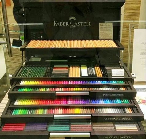 Faber-Castell 250th Anniversary! Special Editions Contains: -120 POLYCHROMOS artists' color pencils -120 ALBRECHT DURER artists' watercolor pencils -120 POLYCHROMOS artists' pastels - 60 PITT pastel pencils -15 CASTELL 9000 assorted from 8B to 6H - Complete PITT Monochrome assortment - High-quality watercolor brush in French style - High-end china water cup - 3 blending paper stumps - Twin metal sharpener - Kneadable eraser - Vinyl eraser - Eraser pencil - Sandpaper block Price: $1700 USD Rangement Art, Kneadable Eraser, Art Supplies List, Faber Castell Polychromos, Art Studio Room, Art Painting Tools, Colored Pencil Set, Albrecht Durer, Pastel Pencils