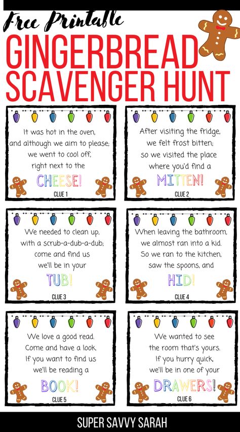 Looking for a kids Christmas activity? Here’s a free printable gingerbread man scavenger hunt! It includes clues and all the tips you need to enjoy this fun Christmas tradition! Gingerbread Men Party Ideas, Gingerbread Man Scavenger Hunt Preschool, Elf Gingerbread Man, Christmas Hunt Clues, Gingerbread Scavenger Hunt Preschool, Gingerbread Man Scavenger Hunt School, Gingerbread Man Hunt Preschool, Christmas Scavenger Hunt Clues Free, Gingerbread Man Hunt At School