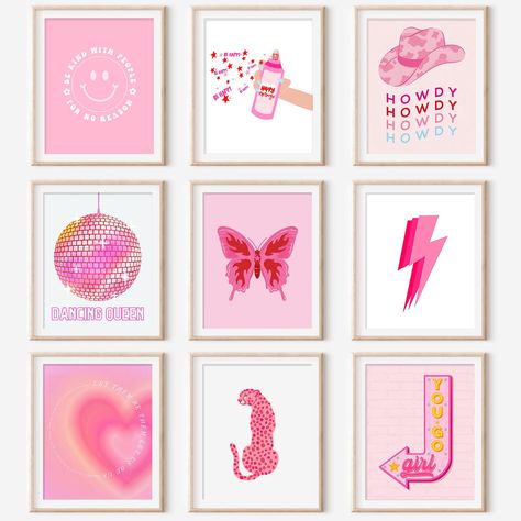 Dorm Preppy, Paintings Cute, Hot Pink Wall Art, Preppy Wall Collage, Hot Pink Walls, Danish Pastel Room, Pastel Room Decor, Outdoor Entryway, Pastel Poster