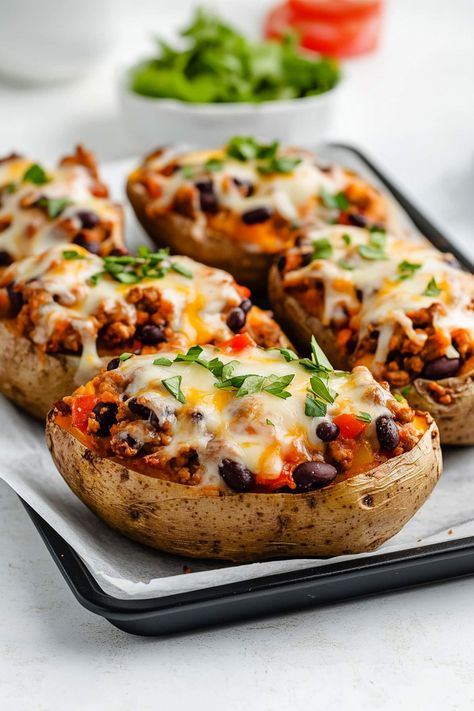 High Protein Ground Turkey Stuffed Sweet Potato Sweet Potato Stuffed Peppers, Chickpea Stuffed Sweet Potato, High Protein Meals With Sweet Potato, Ground Turkey Sweet Potato Recipes, Protein Baked Potato, Turkey Stuffed Sweet Potato, Ground Turkey And Sweet Potato Recipe, Sweet Potato Ground Turkey, Potato Boats