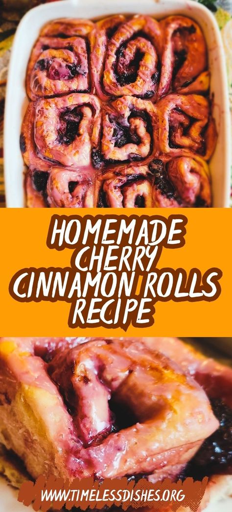 These homemade cherry cinnamon rolls are a perfect blend of sweet and spiced flavors. Soft, fluffy rolls filled with cinnamon and topped with a sweet cherry glaze make for an irresistible treat. Ideal for breakfast, brunch, or a special occasion, these rolls are sure to impress! Pioneer Woman Glazed Cherry Almond Rolls, Homemade Sweet Rolls Easy, Cherry Breakfast Recipes, Cherry Cinnamon Rolls, Homemade Sweet Rolls, Sweet Rolls Recipe, Gameday Recipes, Fluffy Rolls, Glazed Cherries