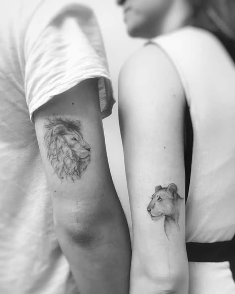 Couples Lion Tattoo, Lioness Tattoo Ideas, Lion And Lioness Tattoo, Lioness Tattoo Design, Lioness Tattoo, Leo Tattoos, Lion Tattoo Design, Парные Тату, Forearm Tattoo Women